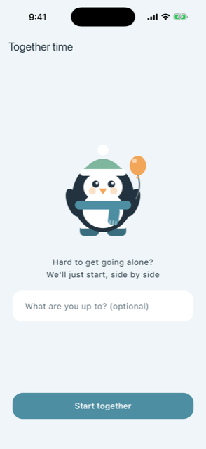 Body doubling scene with the penguin working beside you