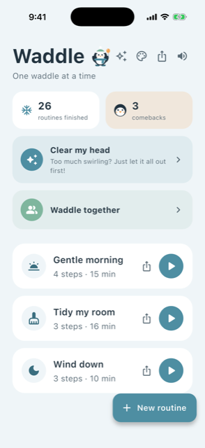 Waddle home screen with a short list of routines