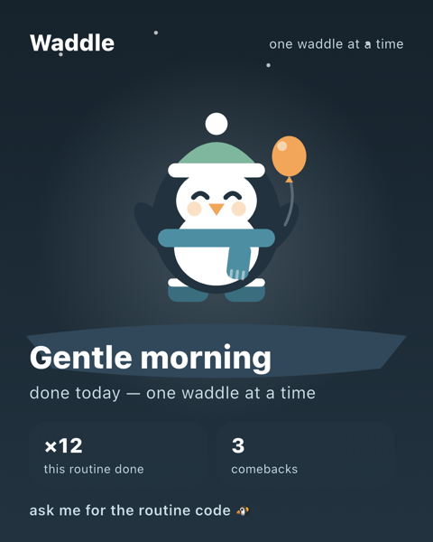 A share card with a dressed-up penguin celebrating a finished routine