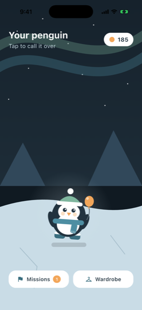 Your penguin on its island under the aurora, wearing earned gear, with Missions and Wardrobe below